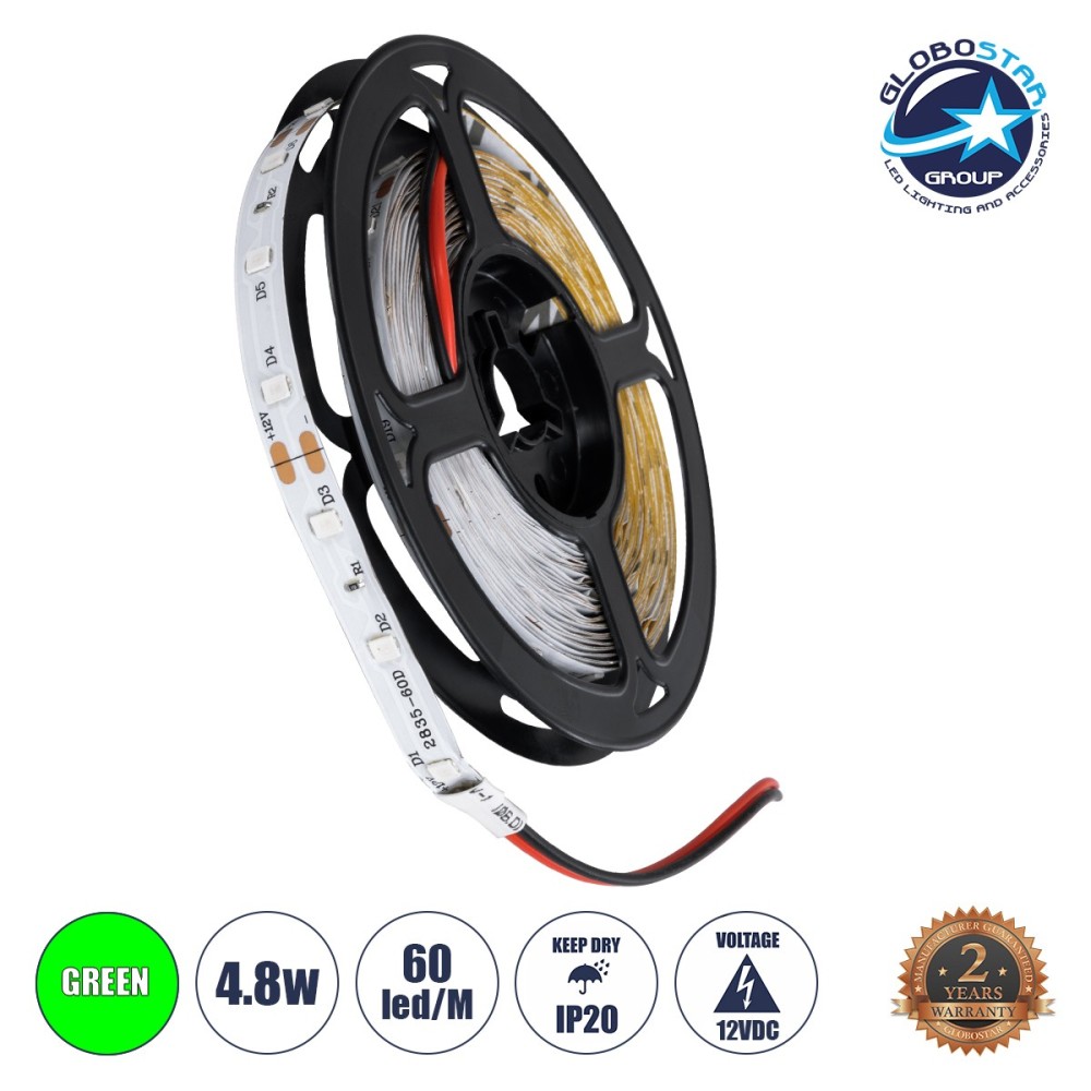 GLOBOSTAR® AVILA 90594 Ταινία LED 4.8W-m 200lm-m 120° DC 12V IP20 60 x SMD3528 Chip-m Πράσινο Dimmable - Sanan SMD Chip - Μ500 x Π0.7 x Υ0.2cm - Ρολό 5 Μέτρων - 2 Χρόνια Εγγύηση